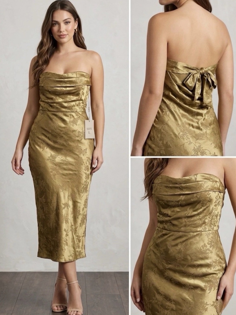 Lulus Gold Floral Jacquard Strapless Midi Dress - Size L - Bow Back Detail